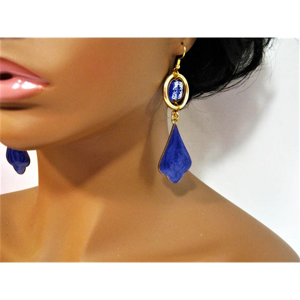 Purple Gold Enameled metal Vintage Bead accent Drop Earrings 3 inch long